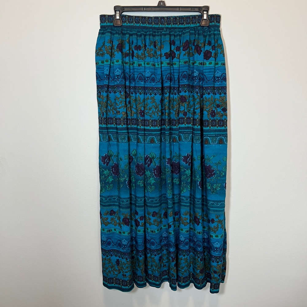 Coldwater Creek Teal Floral Rayon Maxi Skirt Blue Boho Border Print Medium